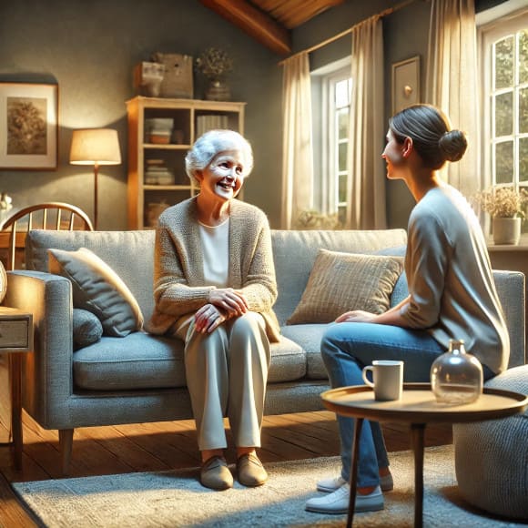 Eine ältere Dame mit weißen Haaren sitzt lächelnd auf einem Sofa in einem gemütlichen Wohnzimmer und unterhält sich mit einer jungen polnischen Betreuungskraft. Die Atmosphäre ist warm und einladend, mit weichen Kissen, Holzmöbeln und sanfter Beleuchtung. Symbol für herzliche und persönliche Betreuung im eigenen Zuhause.